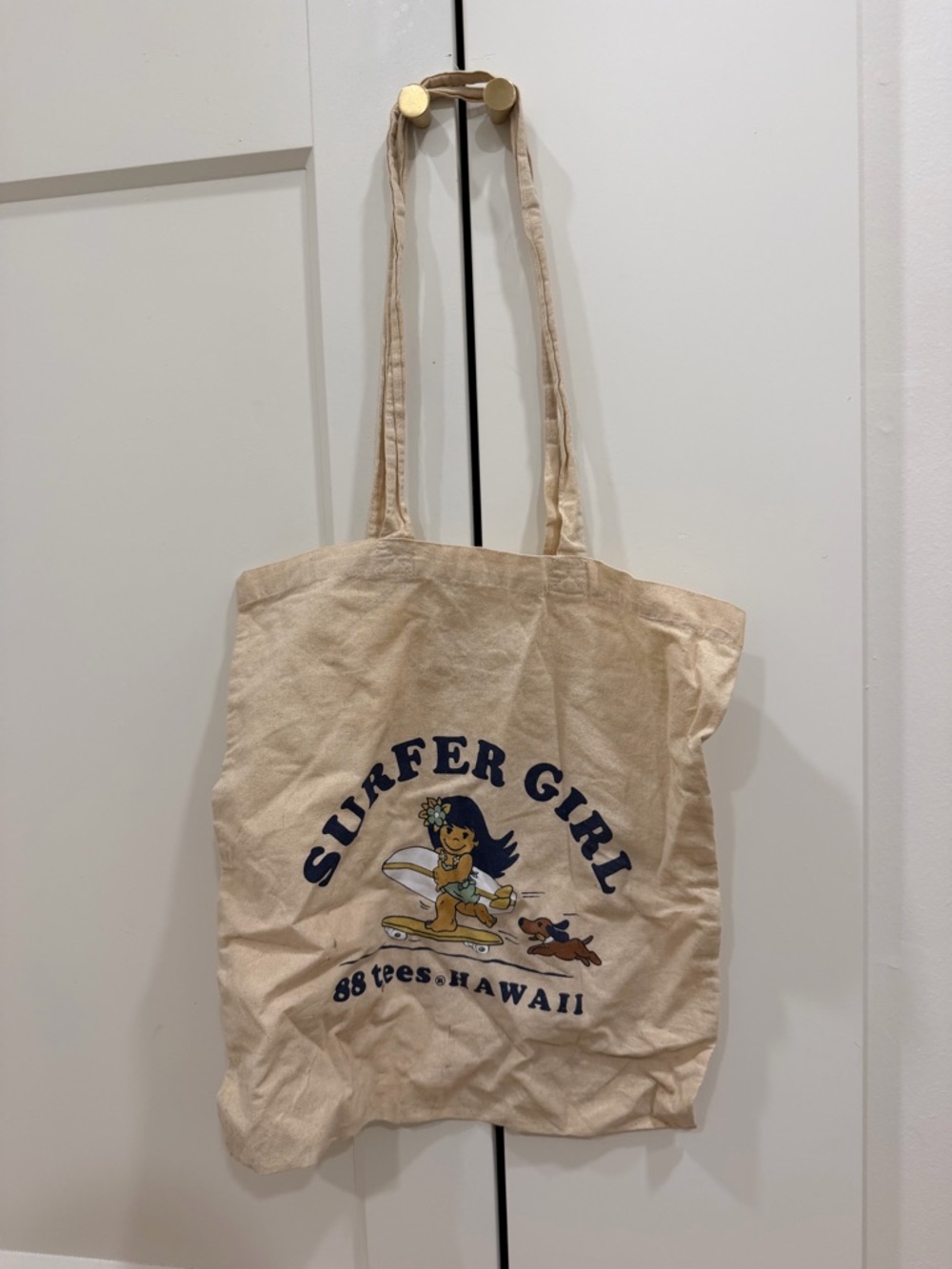 Surfer Girl Hawaii Graphic Canvas Tote - Cream with Navy Print